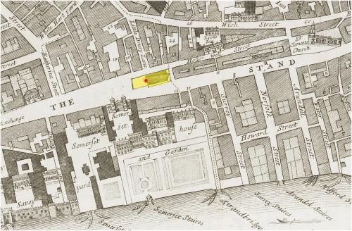 The Strand, Westminster (c.1720) showing the location of the Church of St. Mary-le-Strand (in yellow)and the approximate location of the Strand maypole (in red).