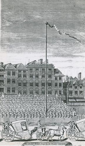 Detail of the maypole in the Strand from a print by George Vertue showing a procession in the Strand on 4th July 1713.