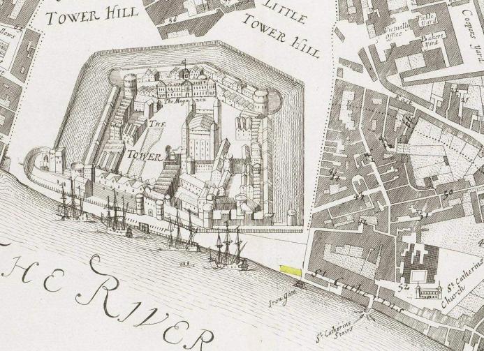 The Tower of London and part of the Liberty of St. Katherine by the Tower showing the location of the range of buildings adjacent to the “Iron Gate” from where John Patston traded (map c.1720).