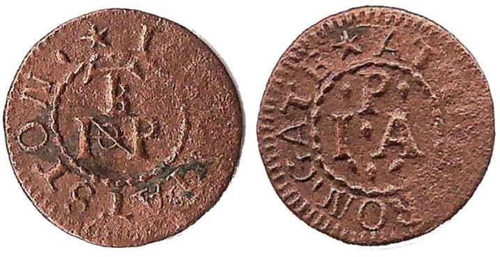 A farthing tradesman's token issued by John Patston at the Iron Gate adjacent to the Tower of London