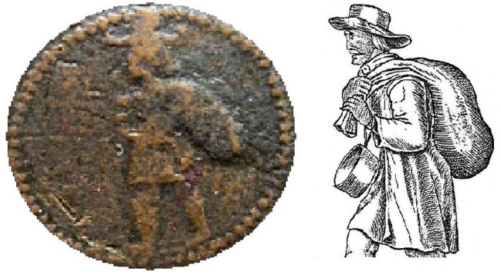 The central obverse detail of Humphrey Vaughan's half penny token compared with that of a coal seller from a mid-17th century copy of "The Cries of London". The latter could possibly have been the die sinkers source for the former token design.
