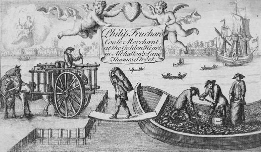 A late 17th century or early 18th century trade card belonging to Philip Fruchard, Coal Merchant at the Golden Heart in All Hallows Lane off Thames Street. The image depicts porters transferring bags of sea coal off a barge into an awaiting cart 