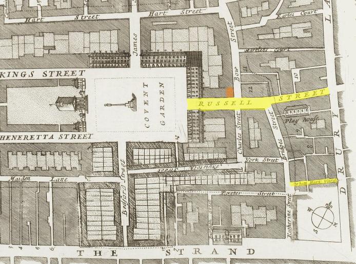 A map of the Covent Garden area (c.1720) showing White Hart Yard and Russell Street plus the location of the Goat Tavern (in red)