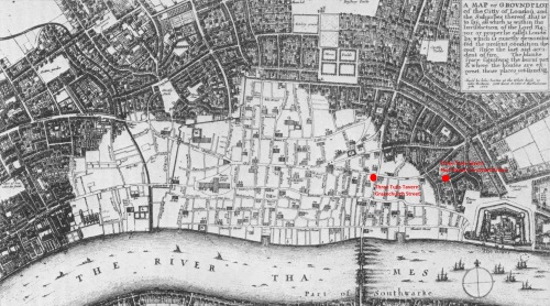 A map of London immediately after the Great Fire of September 1666 showing the extent of the devastation and the locations of the Three Tuns Taverns in Gracechurch Street and Crutched Friars