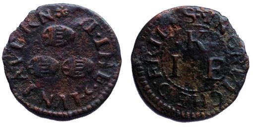 A farthing token issued in the name of the Three Tuns tavern in Crutched Friars, London.