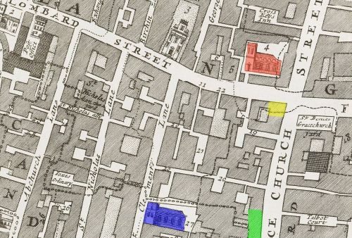 Gracechurch & Lombard Streets c.1720 indicating the locations of the pre Great Fire Three Tuns Tavern (YELLOW), post Great Fire Three Tuns Tavern (GREEN( plus All Hall0ws Church (RED) and St. Clement's Eastcheap (BLUE)