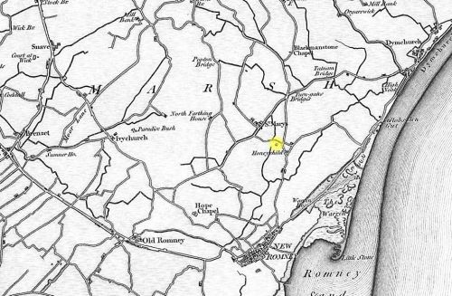 A map of Romney Marsh (c.1813-18) indicating the position of Honeychild Manor