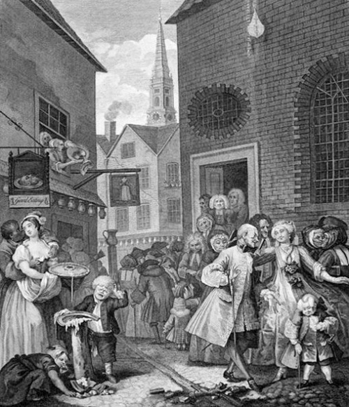 The four times of Day – Noon by William Hogarth (1738) – Contrasts a French Huguenot congregation leaving their church against the native English Londoners of the period.