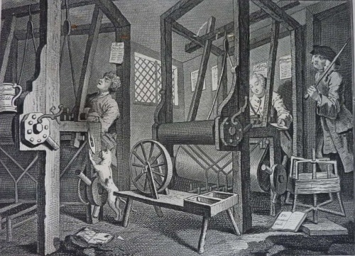 Industry & Idleness by William Hogarth (1742) illustrates a master weaver in London overseeing his apprentices weaving at their looms – Such workshops would have been common in Norton Folgate and Spitalfields during the 17th & 18th centuries