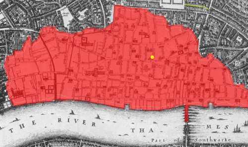 A plan of mid-17th Century London showing the extent of destruction of the city by the Great Fire of September 1666 plus the location of Thomas Bonny's home in Cheapside Ward (yellow dot) and the main street running through the district of Bedlam in the Bishopsgate Without Ward (green line)
