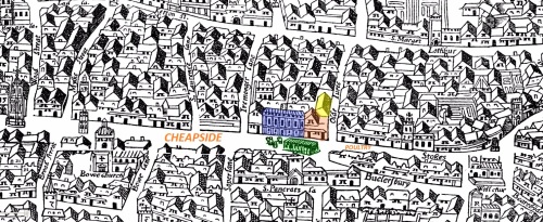 A section of the Agas Map of London (c.1561) showing part of Cheapside Ward and including location details of the home of Thomas Bonny in Old Jewery (in yellow); the parish church of St. Mary Colechurch (in red); the Mercers' Hall (in blue) and the Great Conduit (in green) being one of the city's principle supply points of "clean" water.