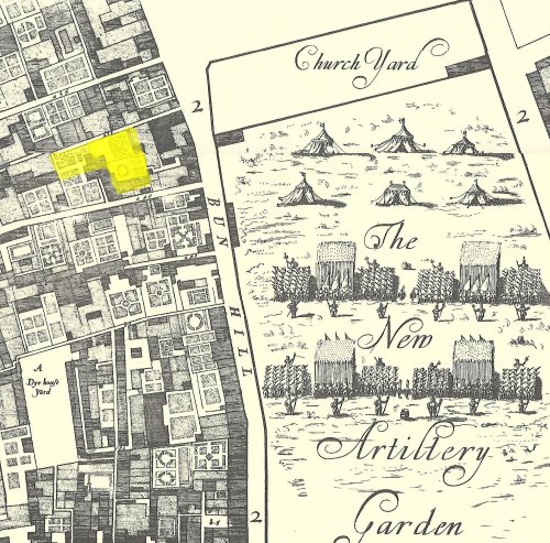 A map of Bunhill Fields in 1676 showing the location (in yellow) of Checker Alley Quaker Burial Ground at its maximum extent in size