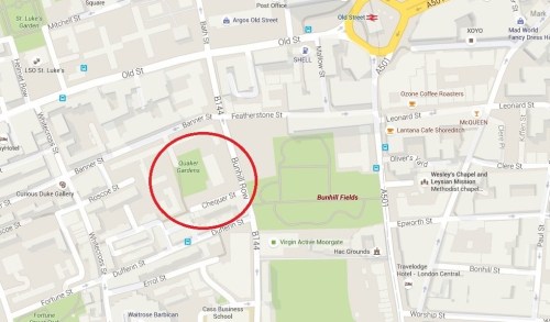 The location of Quaker Gardens south of Old Street, London
