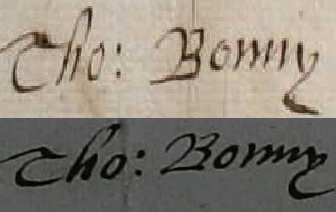 Signatures of Thomas Bonny - c.1666 (top) and 1671 (bottom)