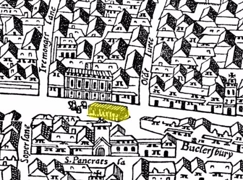 A section of the Agas Map of London (c.1561) showing part of Cheapside Ward and highlighting the location of the Great Conduit (in yellow) in front of the Mercers' Hall.