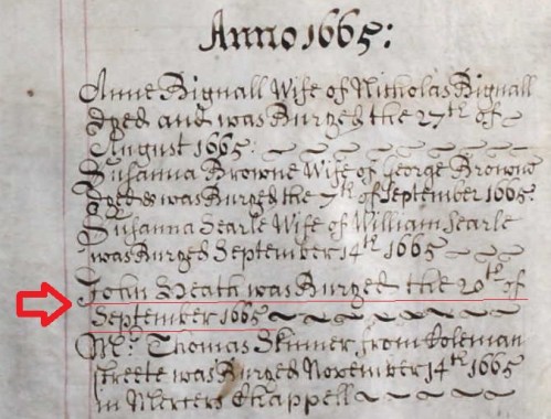 The burial record of a "John Heath" from the parish registers of St. Mary Colechurch, London. Dated 20th September 1665.