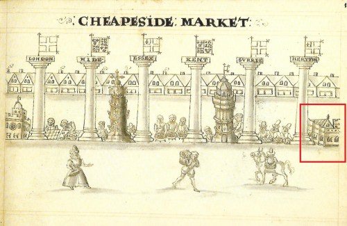 The depiction of Cheapside Market showing the "Great Conduit" (building far right). Taken from a page of Hugh Alley's “A Caveat for the City of London” published in 1598.
