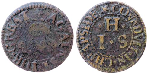 A mid-17th century token issued by a tradesman operating from the sign of The Three Tuns, near the Great Conduit in Cheapside, London.