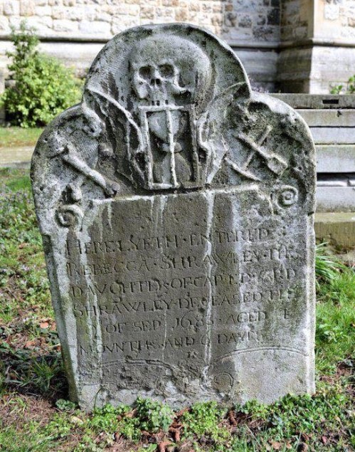 The 1683 grave marker of Rebecca Shrawley in the churchyard of Chrish Church, Southgate, Middlesex.