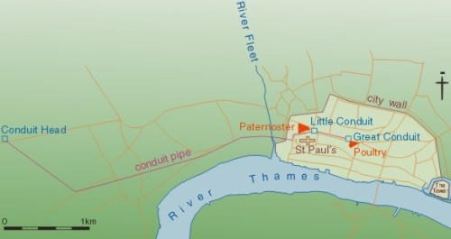 The course of the fresh water pipe line which served the Little and Great Conduits in Cheapside Ward, London