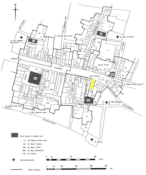 A reconstructed plan of part of Cheapside Ward, London as it would have been in the mid-17th century.