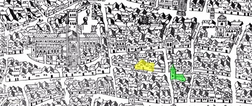 A section of the Agas Map of central London (c.1561) showing the relative positions of the Cordwainer's Hall (indicated in yellow) on Distaff Lane and the parish church of St. Margaret Moses (indicated in green).