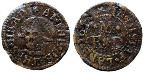 A mid-17th century token issued by a tradesman operating from the sign of the Death's Head in Distaff Lane, London.