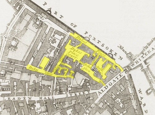 Part of the Ward of Aldgate, London, showing the district of Duke's Place (c.1720).