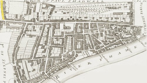 The Hanlet of Wapping (c.1720) showing the location of Blue Fields.
