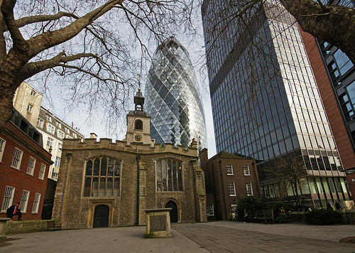 The parish church of (Great) St. Helen's Bishopsgate, London showing the now paved over ancient churchyard where the Empson family were buried.