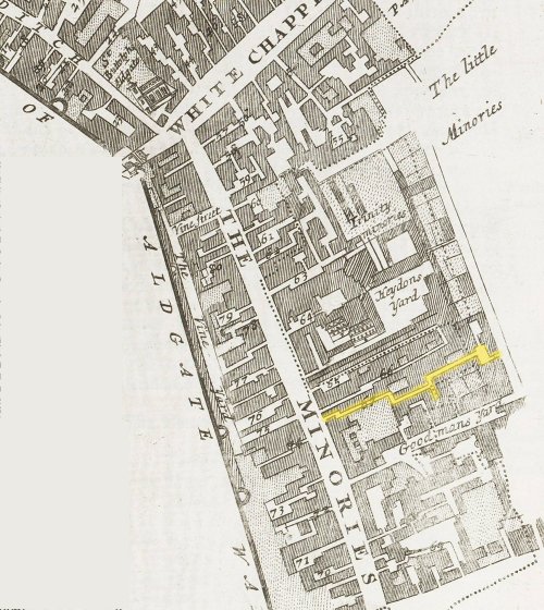 The Minories district of St. Botolph's Without. Aldgates showing the location of Swan Alley (c.1720).