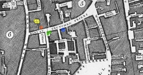 Part of John Rocque's Map of London (1746) indicating the location of the Three Tuns Tavern in Crutched Friards according to George Berry (BLUE) and the current writer (RED) plus the additional locations of Three Tuns Yard (YELLOW) and Samuel Pepys' lodgings (GREEN).