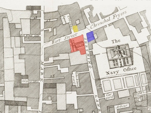 Seething Lane Area in 1678 - Showing the locations of Samuel Pepys' Lodgings (BLUE); the parish church of St. Olave, Hart Street (RED) and that most likely for the Three Tuns Tavern (YELLOW)